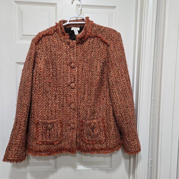 Chicos jacket womens size xl 3 orange red tweed falled for fall saraih fringe - Picture 6 of 8